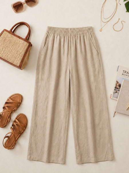 Istyle Can beige cotton linen wide-leg trousers for women with elastic waist