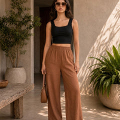 Istyle Can brown cotton linen wide-leg trousers for women with elastic waist
