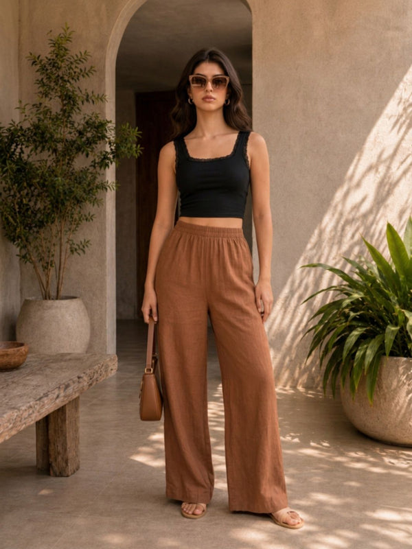 Istyle Can brown cotton linen wide-leg trousers for women with elastic waist