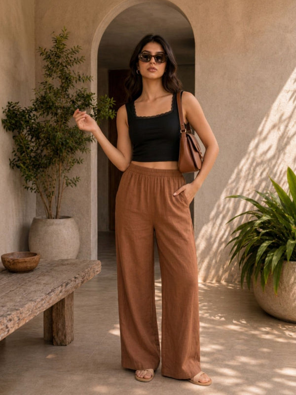 Istyle Can brown cotton linen wide-leg trousers for women with elastic waist