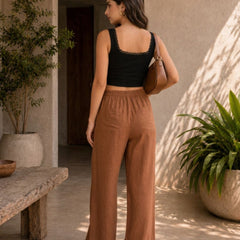 Istyle Can brown cotton linen wide-leg trousers for women with elastic waist