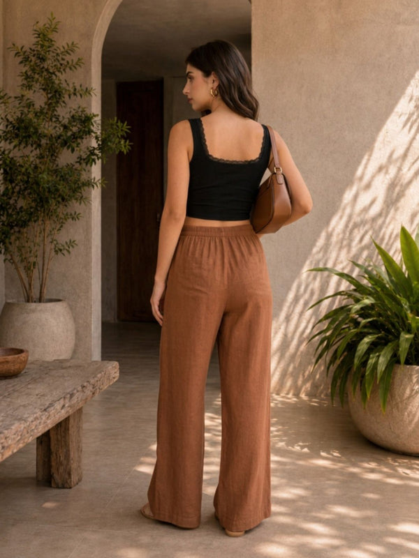 Istyle Can brown cotton linen wide-leg trousers for women with elastic waist