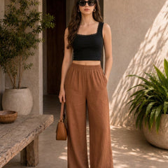 Istyle Can brown cotton linen wide-leg trousers for women with elastic waist