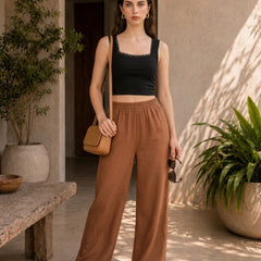 Istyle Can brown cotton linen wide-leg trousers for women with elastic waist