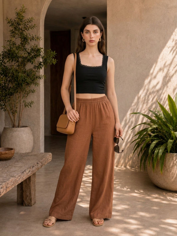 Istyle Can brown cotton linen wide-leg trousers for women with elastic waist