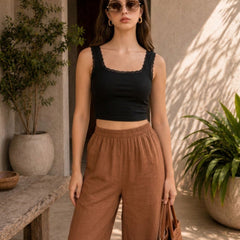 Istyle Can brown cotton linen wide-leg trousers for women with elastic waist