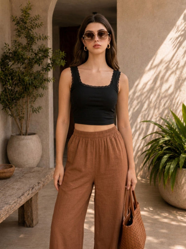 Istyle Can brown cotton linen wide-leg trousers for women with elastic waist