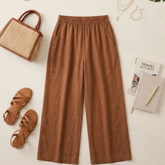 Istyle Can brown cotton linen wide-leg trousers for women with elastic waist