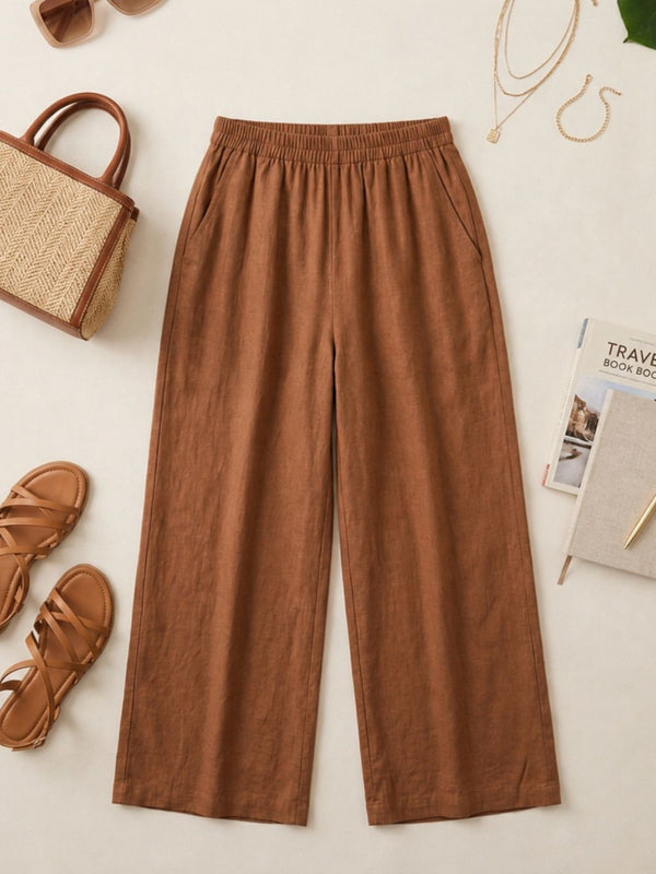 Istyle Can brown cotton linen wide-leg trousers for women with elastic waist