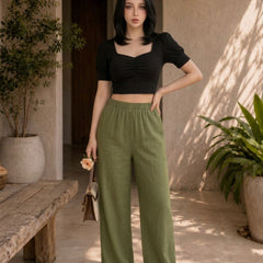 Istyle Can olive cotton linen wide-leg trousers for women with elastic waist