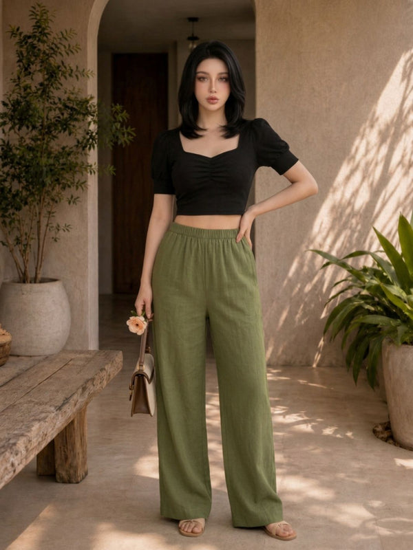 Istyle Can olive cotton linen wide-leg trousers for women with elastic waist