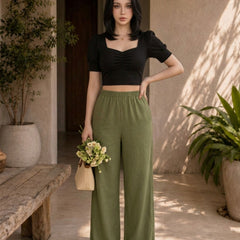 Istyle Can olive cotton linen wide-leg trousers for women with elastic waist