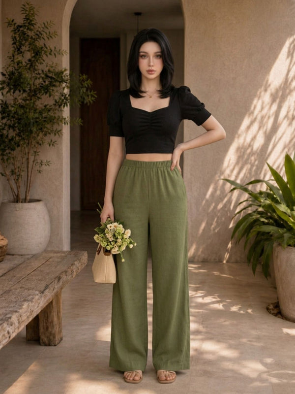 Istyle Can olive cotton linen wide-leg trousers for women with elastic waist
