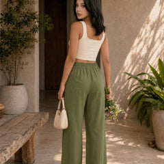 Istyle Can olive cotton linen wide-leg trousers for women with elastic waist