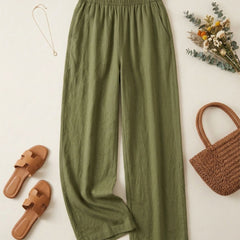 Istyle Can olive cotton linen wide-leg trousers for women with elastic waist