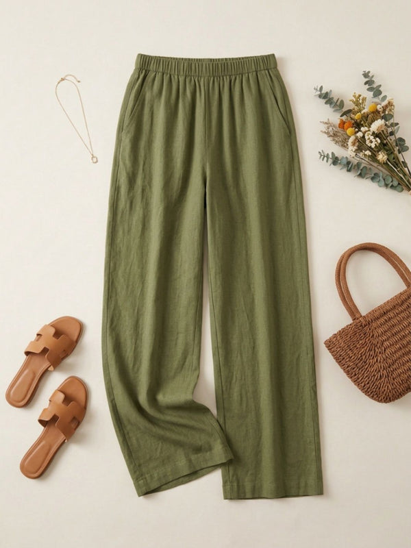 Istyle Can olive cotton linen wide-leg trousers for women with elastic waist