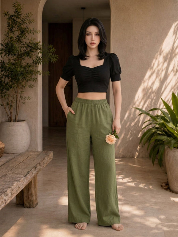 Istyle Can olive cotton linen wide-leg trousers for women with elastic waist