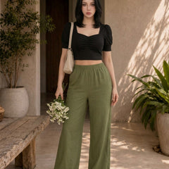 Istyle Can olive cotton linen wide-leg trousers for women with elastic waist