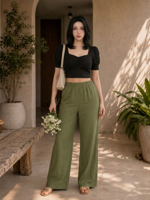 Istyle Can olive cotton linen wide-leg trousers for women with elastic waist