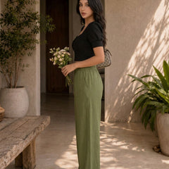 Istyle Can olive cotton linen wide-leg trousers for women with elastic waist