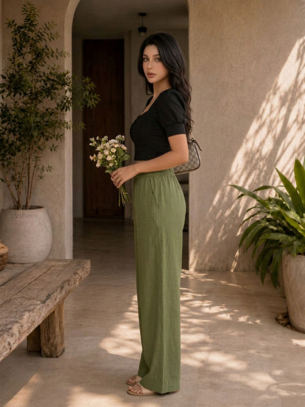 Istyle Can olive cotton linen wide-leg trousers for women with elastic waist