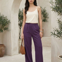 Istyle Can purple cotton linen wide-leg trousers for women with elastic waist