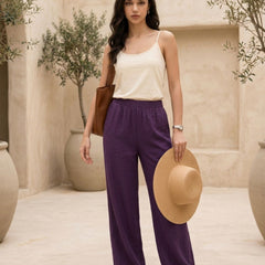 Istyle Can purple cotton linen wide-leg trousers for women with elastic waist