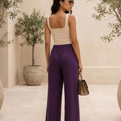 Istyle Can purple cotton linen wide-leg trousers for women with elastic waist