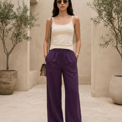 Istyle Can purple cotton linen wide-leg trousers for women with elastic waist
