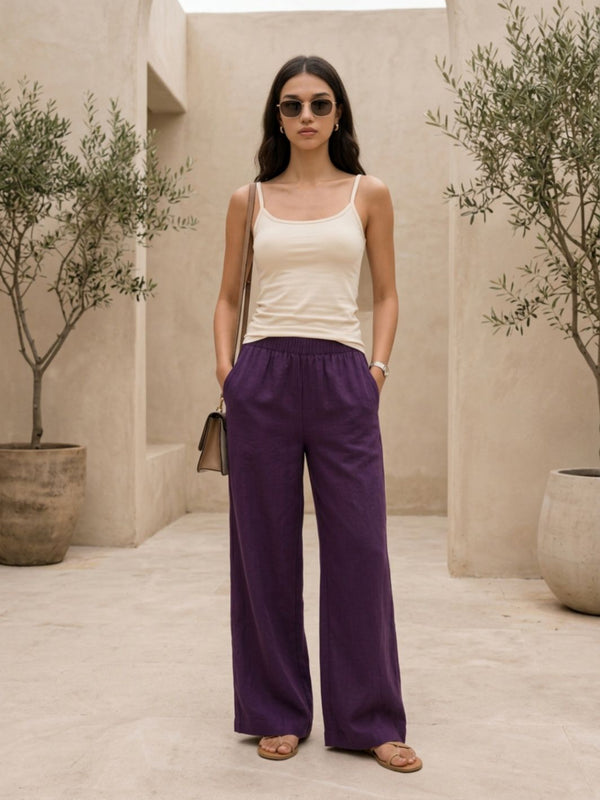 Istyle Can purple cotton linen wide-leg trousers for women with elastic waist