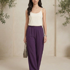 Istyle Can purple cotton linen wide-leg trousers for women with elastic waist