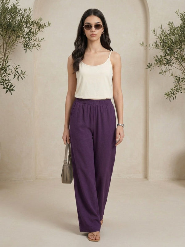 Istyle Can purple cotton linen wide-leg trousers for women with elastic waist