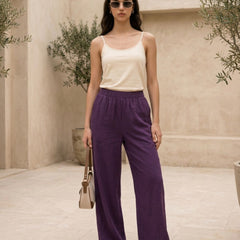 Istyle Can purple cotton linen wide-leg trousers for women with elastic waist