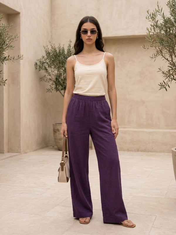 Istyle Can purple cotton linen wide-leg trousers for women with elastic waist