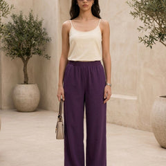 Istyle Can purple cotton linen wide-leg trousers for women with elastic waist