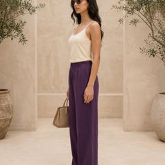 Istyle Can purple cotton linen wide-leg trousers for women with elastic waist