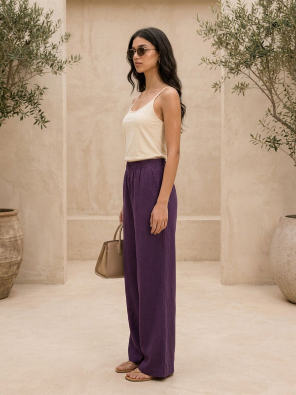 Istyle Can purple cotton linen wide-leg trousers for women with elastic waist