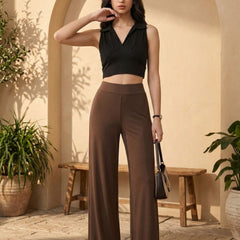 Istyle Can brown mid-rise wide-leg stretch trousers for women with pull-on elastic waist