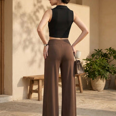 Istyle Can brown mid-rise wide-leg stretch trousers for women with pull-on elastic waist