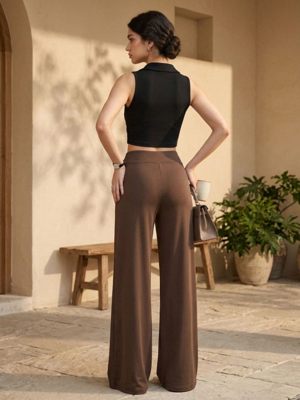 Istyle Can brown mid-rise wide-leg stretch trousers for women with pull-on elastic waist