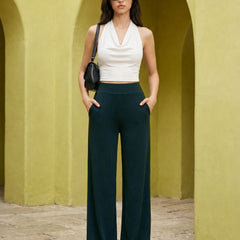 Istyle Can coal blue mid-rise wide-leg stretch trousers for women with pull-on elastic waist