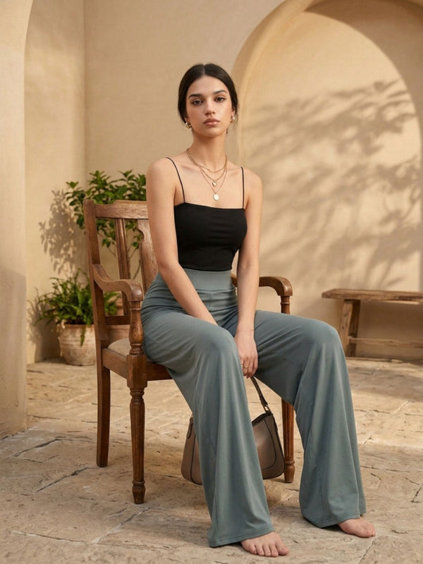 Istyle Can grey mid-rise wide-leg stretch trousers for women with pull-on elastic waist