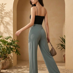 Istyle Can grey mid-rise wide-leg stretch trousers for women with pull-on elastic waist