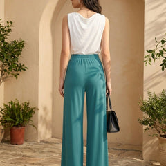 Istyle Can teal mid-rise wide-leg stretch trousers for women with pull-on elastic waist