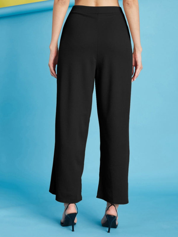 Istyle Can black ribbed high-rise wide-leg trousers for women with pull-on elastic waist and side pockets
