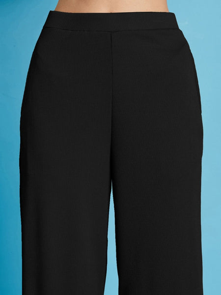 Istyle Can black ribbed high-rise wide-leg trousers for women with pull-on elastic waist and side pockets