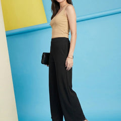 Istyle Can black ribbed high-rise wide-leg trousers for women with pull-on elastic waist and side pockets