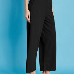 Istyle Can black ribbed high-rise wide-leg trousers for women with pull-on elastic waist and side pockets