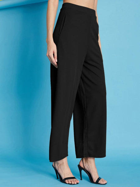 Istyle Can black ribbed high-rise wide-leg trousers for women with pull-on elastic waist and side pockets
