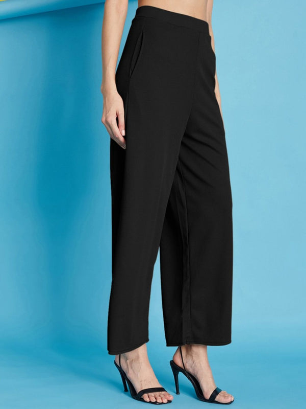 Istyle Can black ribbed high-rise wide-leg trousers for women with pull-on elastic waist and side pockets